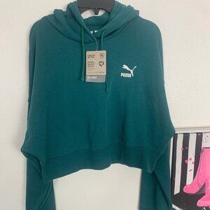 PUMA NWT XL Cropped Hooded Sweatshirt Pockets Hunter Green XLarge Relaxed Fit